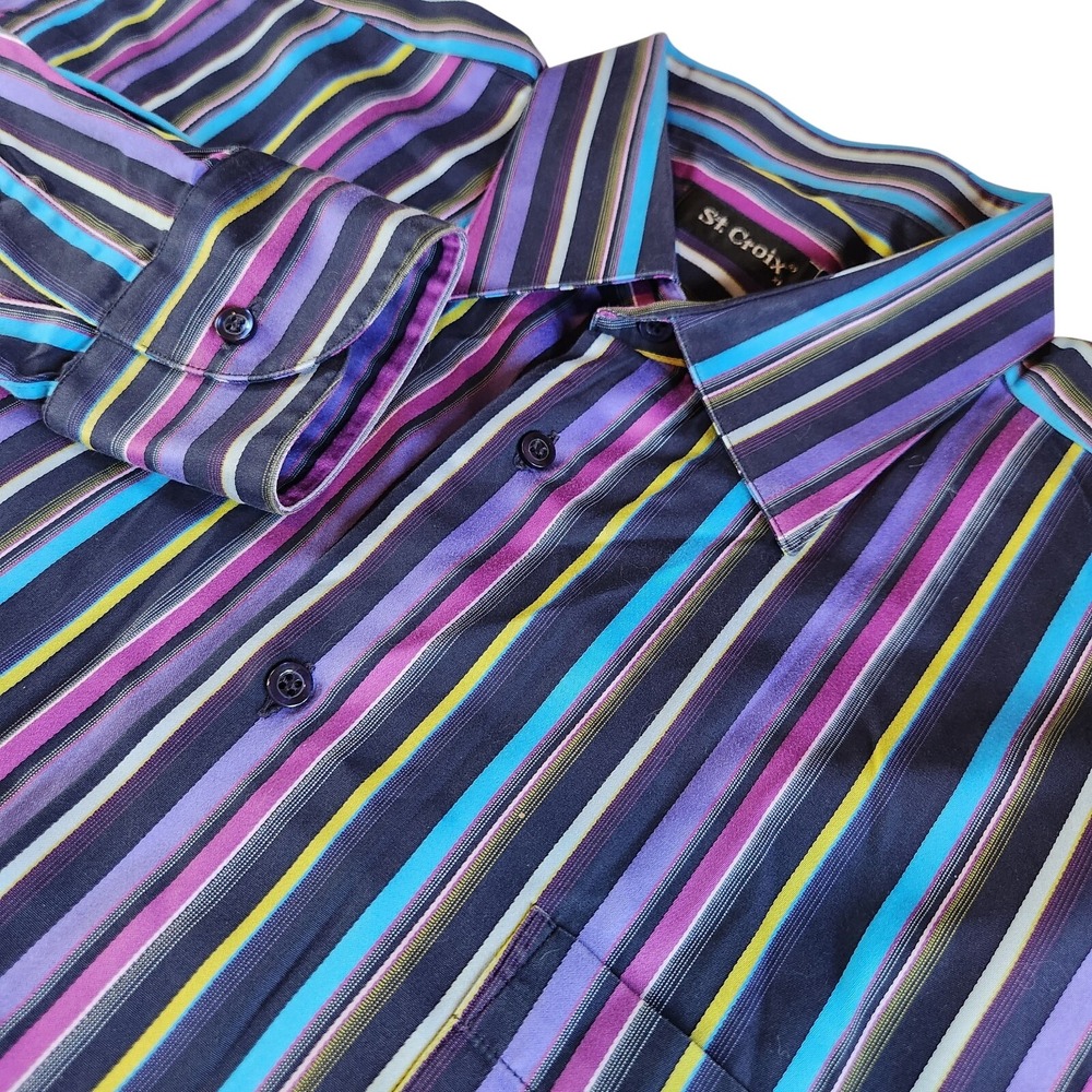 ST CROIX Button Down Shirt Mens XL Purple Blue Striped Cotton Business Office
